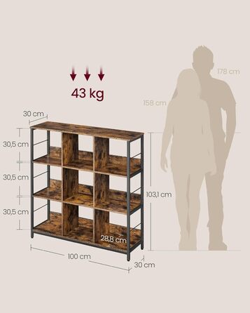 Рівнева полиця, книжкова шафа, окремостояча полиця з 9 відділеннями, для вітальні, спальні, кабінету, кухні, 30 x 100 x 103,1 см, вінтажний коричневий-чорнильний чорний LLS112B01 30Г x 100Ш x 103,1В см Вінтажний коричневий чорнильний чорний, 3-