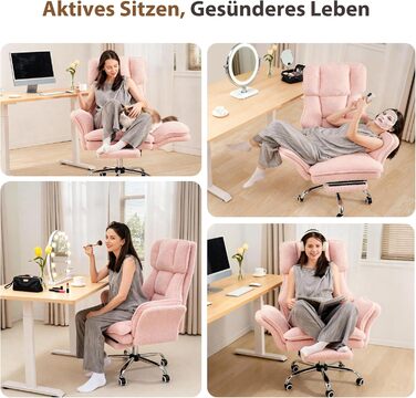Ергономічне офісне крісло, крісло керівника, ігрове крісло з підставкою для ніг та регульованою на 135 спинкою, обертове крісло зі складними підлокітниками, крісло з високою спинкою з флісової тканини рожевий