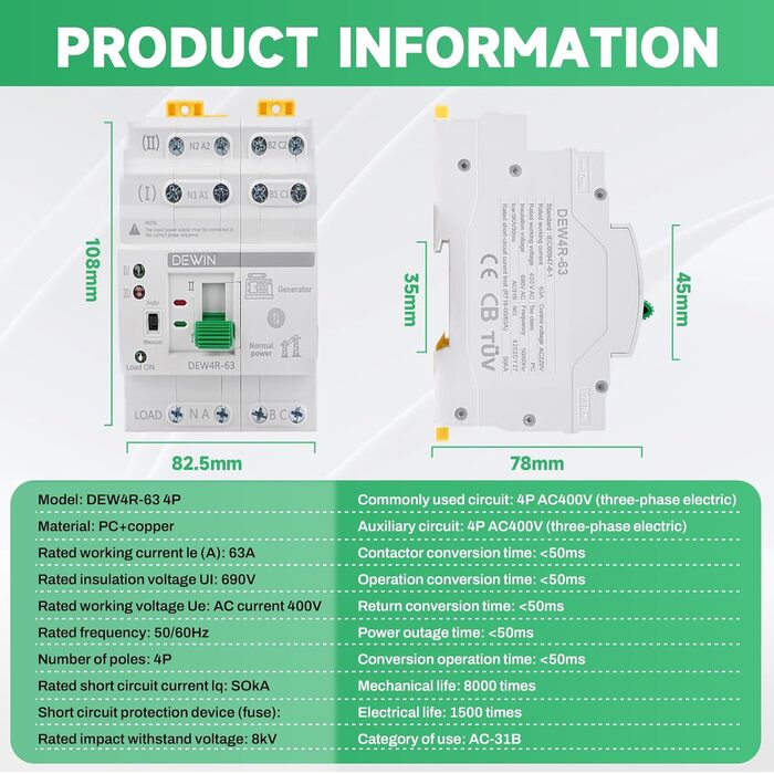 Автоматичний перемикач, 4P 63A 400V ATS перемикач, аварійний автоматичний перемикач живлення, подвійний автоматичний перемикач живлення на DIN-рейку
