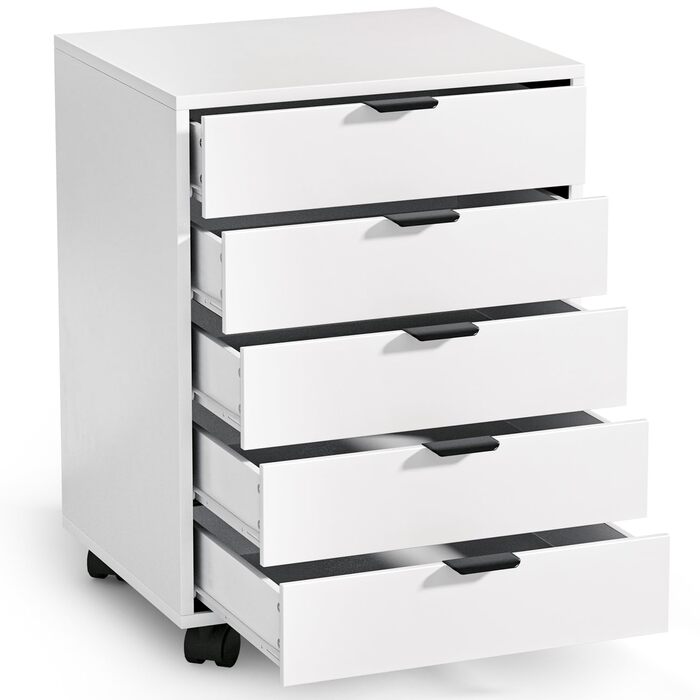 Шафа з шухлядами, контейнер на колесах, мобільна шафа для документів з 5 шухлядами, шафа під письмовим столом, офісний комод для домашнього офісу, білий 40 x 47,6 x 64,6 см
