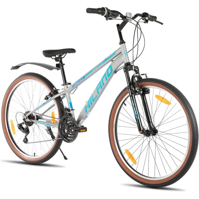 Гірський велосипед HILAND 26 дюймів для чоловіків та жінок, 21-швидкісний гірський велосипед, високоміцна сталева рама, гальма V-подібної форми, хардтейл для дорослих, сірий