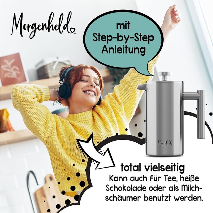 Френч-прес з нержавіючої сталі Morgenheld на 6 чашок 1000 мл Металевий кавовий прес індукційний підходить 1 л термовакуумний глечик кавоварка з подвійною стінкою 1000 мл (5 чашок)