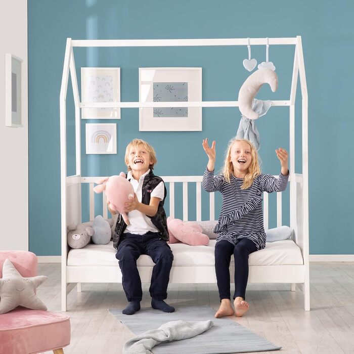 Ліжко roba House 70 x 140 см - Сертифіковано FSC - Дитяче ліжко в стилі домашнього декору - Регульована висота - Трансформується в дитяче ліжко - Дерев&39яно-біле 143,5Д x 75Ш x 162,5В см