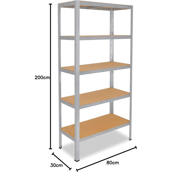 Міцний домашній стелаж, оцинкований/металевий стелаж з 5 полицями/металевий стелаж для підвалу, гаражний стелаж, стелаж для майстерні або стелаж для зберігання/змішаний металевий стелаж з вантажопідйомністю 175 кг В 200см / Ш 80см / Г 30см, 200x80x30