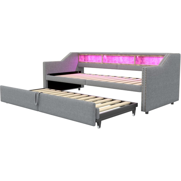 М&39яке ліжко, розкладне ліжко 90/180x200, кушетка/диван-ліжко зі світлодіодним підсвічуванням, USB-портом та відділенням для зберігання речей, односпальне/двоспальне ліжко, функціональний каркас ліжка з рейковою основою, лляне, без матраца, світло-сірий 