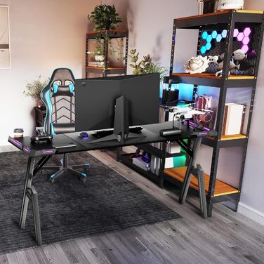 Ігровий стіл зі світлодіодним підсвічуванням, 140 x 60 см, поверхня з карбонового волокна ПК, включає підставку для чашок та гачок для навушників, легке складання, висота 73 см, чорний