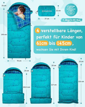 Дитячий фланелевий спальний мішок KingCamp, легкий, водонепроникний та компактний, зимовий спальний мішок, 4-сезонний спальний мішок-ковдра, аксесуар для кемпінгу, підходить для дітей зростом до 140 см, комфорт 7C, блакитне регулювання довжини