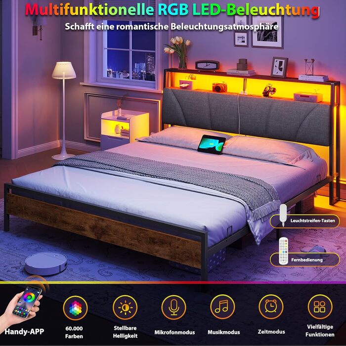 Ліжко 180x200 з металевою рейковою основою, двоспальне ліжко 180x200 см зі світлодіодним підсвічуванням, каркас ліжка 180x200 см з узголів&39ям та зарядною станцією (2 розетки змінного струму, 2 USB-порти) Сучасне, сіро-сірий 180x200 см