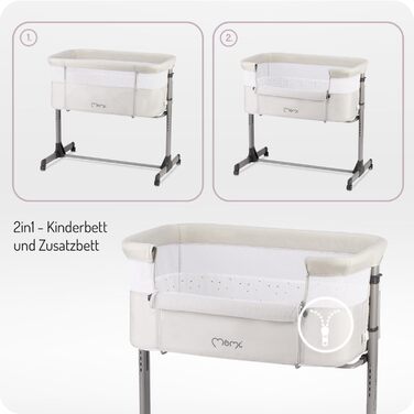 Багатофункціональне приліжкове та дитяче ліжко Momi REVO, 6-рівневе регулювання висоти від 72 до 82 см, з колесами, включаючи матрац, кріпильні ремені, сітку від комах та ручку з іграшками