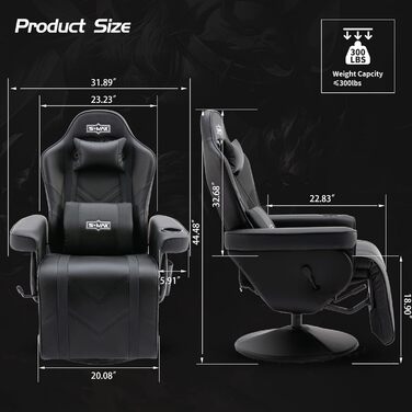 Ігрове крісло S*MAX з підставкою для ніг, ігрове крісло з високою спинкою та регульованою спинкою, підсклянник, бічна кишеня, ігрові крісла для дорослих, чорне, XL