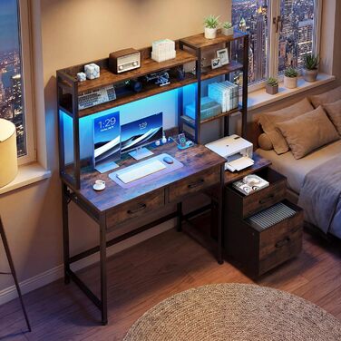 Комп&39ютерний стіл YITAHOME з шухлядами, кутовий комп&39ютерний стіл для домашнього офісу з місцем для зберігання та полицями, ігровий стіл-робоча станція зі світлодіодним освітленням та розетками, кутовий стіл, вінтажний коричневий