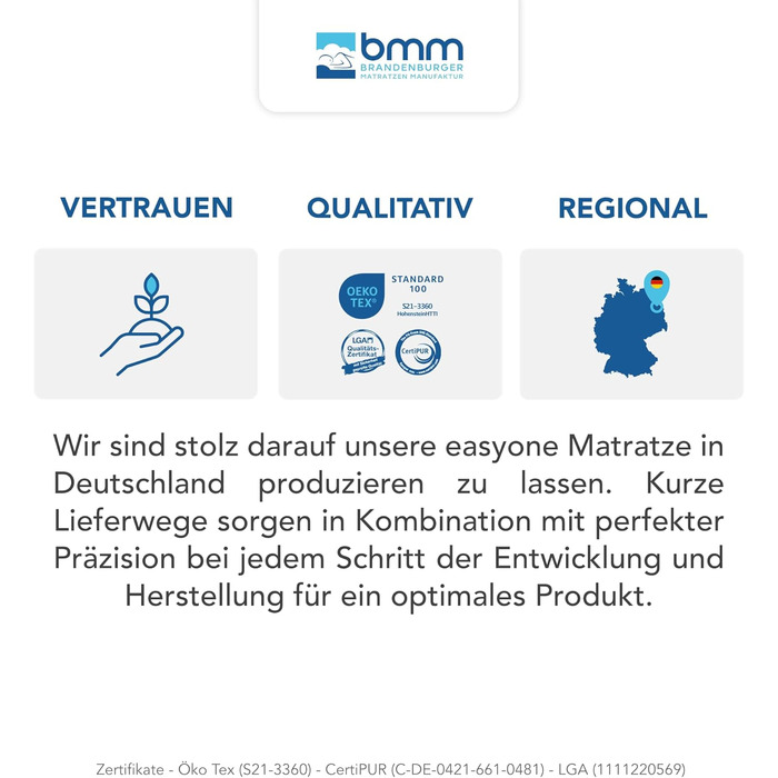 Матрац BMM 90x200 см easyone H3 середньої жорсткості/5-шарова гібридна система пружин Boxspring/Пружинна основа Pocket Springs у поєднанні з піною/Ергономічний 7-зонний матрац, висота 22 см/Матраци Вироблено в Німеччині 90 x 200 см