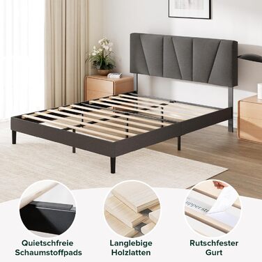 Ліжко Zinus Maya з м&39якою поверхнею 180x200 см з узголів&39ям - Високе ліжко 30 см 180x200 з дерев&39яною рейковою основою - Компактне пакування та легке складання - Темно-сірий 180200 см