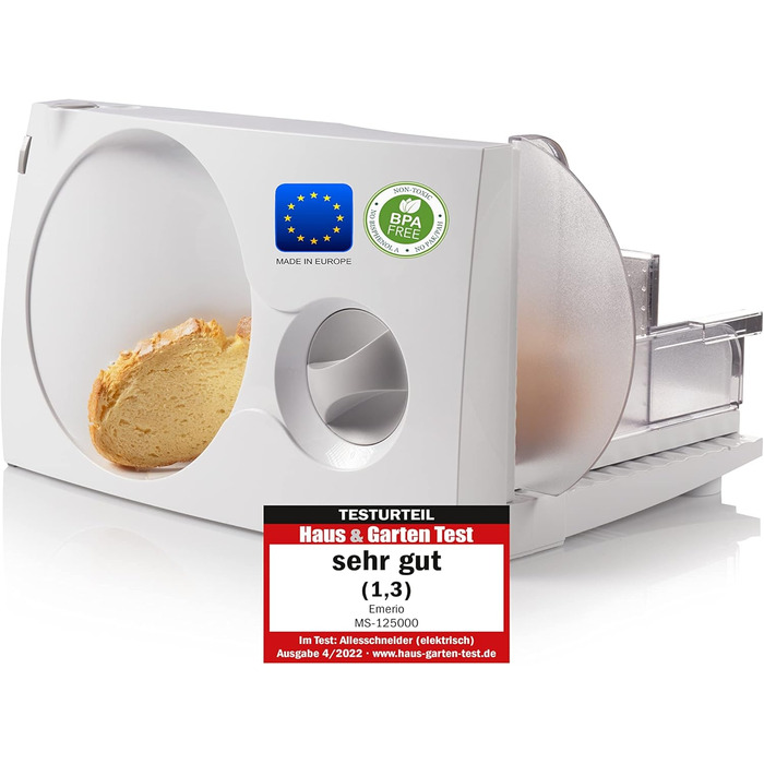 Ножовий блок Emerio 'Made in EU MS-125000, ножовий блок з нержавіючої сталі виробництва Німеччини, регульований 0-17 мм, без бісфенолу А, компактний складний, з захисним вимикачем, Eco 100 Вт, білий білий одинарний