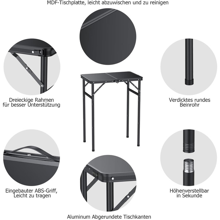 Стіл для кемпінгу JiGiU 60x40 см, складний, з 3 регулюваннями висоти 27 см/51 см/74 см, алюмінієвий каркас, компактний гриль-стіл для саду, кухні, пікніка, використання в приміщенні та на вулиці, стіл-валіза (чорний)