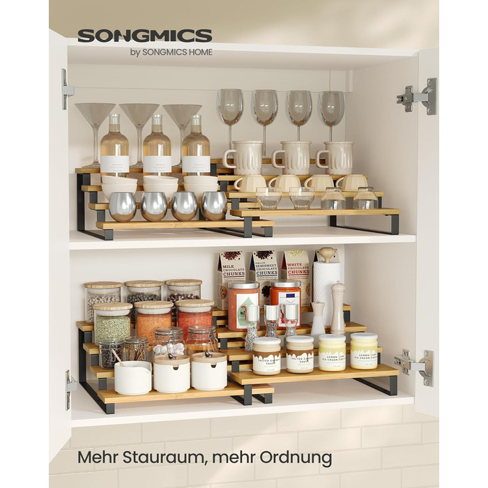 Стелажі для спецій, кухонні полиці, кухонний органайзер, комплект з 2 шт., дерев&39яний композит, 4 полиці кожна, висувні, штабелюються, для комори, стільниця, натуральний бежевий-чорний колір KCS216N01 Натуральний бежевий чорний, 4 яруси (31,9 Г x 14,8 В