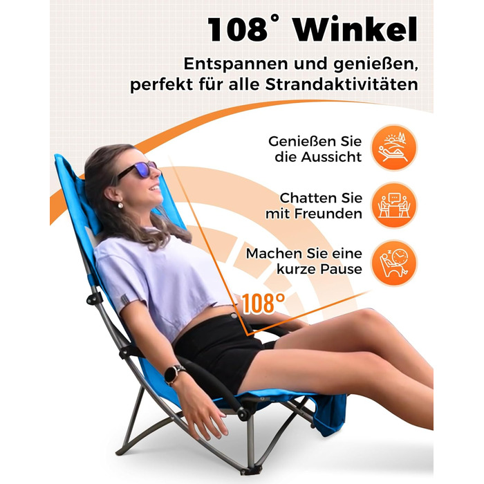 Низький складний пляжний стілець KingCamp, легкий, витримує до 180 кг, складний пляжний стілець із сітчастою спинкою, тримачем для напоїв та сітчастою кишенею, легкий складний кемпінговий стілець, складний стілець для пляжного кемпінгу Hr 2 шт., синє сітч