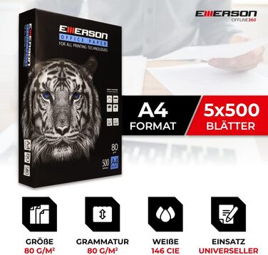 Папір для копіювання принтера Emerson TIGER A4 210 x 297 мм А4 Ксерокопний папір Білизна 146 CIE 80 г/м2 5x500 аркушів Принтер лазерний, струменевий, ксерокопійний, факсимільний Папір для ксерокопіювання