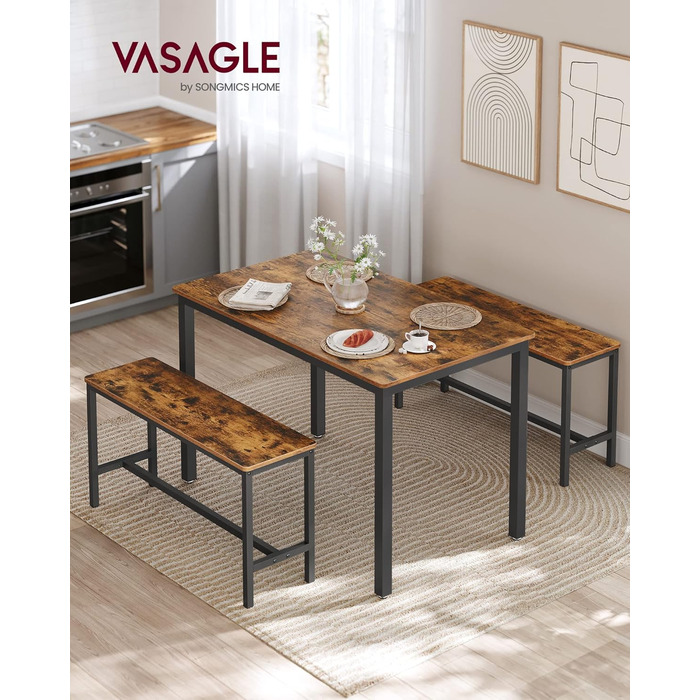 Обідній стіл VASAGLE з 2 лавками, комплект з 3 шт. , кухонний стіл 70 x 110 x 75 см, 2 лавки кожна 30 x 97 x 50 см, сталевий каркас, вінтажний коричневий-чорний KDT070B01 Вінтажний коричневий чорнильний