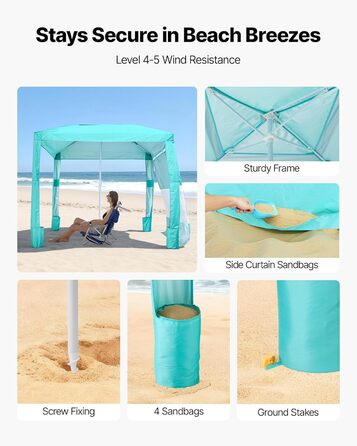 Пляжний намет VEVOR, 2,4 x 2,4 м з бічною стінкою, захист від сонця UPF 50, пляжний павільйон з мішками з піском, регульована по висоті портативна сонцезахисна навіс для родини та друзів, зелений
