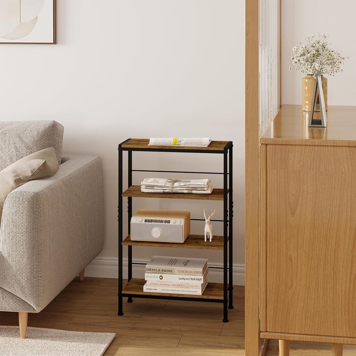 Полиця, Нішева полиця з 4 ярусами, Кухонна полиця для спецій, Вузька полиця-драбина, для кухні-вітальні, Дерево та метал, Вінтажний коричневий та чорний, 50x78x20 см, RGB52shm 50x20x78 Вінтажний коричневий чорний