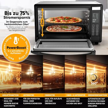 Міні-духовка Stillstern з конвекцією (35 л) Німецька версія, 13 програм, аксесуари деко, вертел, рукавички, LED-дисплей, 1600 Вт, тостер, гриль, піч для піци, міні-піч ідеально підходить для кемпінгу