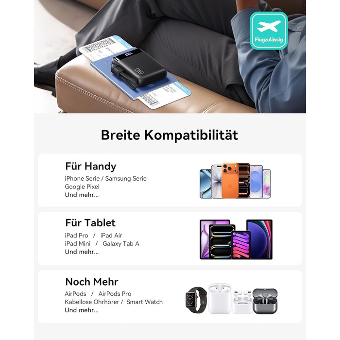 Ультракомпактний портативний зарядний пристрій ємністю 20000 мАг 22,5 Вт із швидкою зарядкою, зовнішні акумулятори для мобільних телефонів з входом та виходом USB-C, маленький, але потужний акумулятор для iPhone 17 16 15 Pro, Samsung S25 S24, iPad, подоро