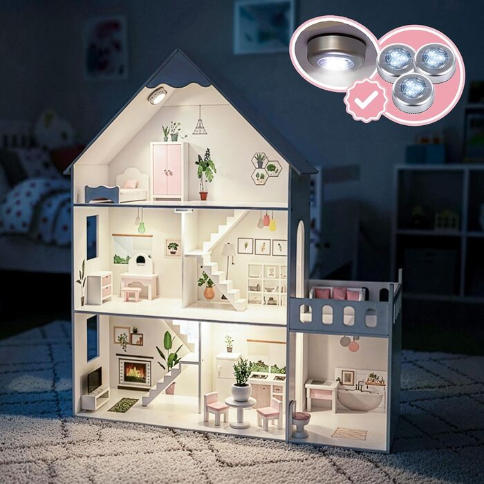 Дерев&39яний ляльковий будиночок Барбі, великий 118 см Kinderplay 3-поверховий ляльковий будиночок для дітей з меблями, світлодіодними лампами, наклейками та аксесуарами сучасний дерев&39яний ігровий будиночок, подарунок для дітей віком від 3 років, білий