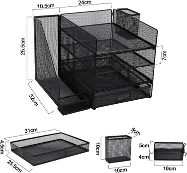Столичний лоток MUUKAIII сітчастого дизайну для документів формату A4, 3-рівневі лотки для документів, 1 органайзер для дрібних деталей і 1 тримач для ручки, органайзер для зберігання сітки на столі з лотком для документів канцелярського приладдя