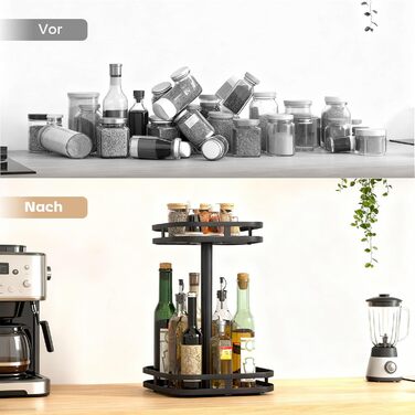 Підставка для спецій HOMCOM, 2-рівнева, обертова на 360 кухонна полиця з піднятими краями та присосками, підставка для спецій, карусель для спецій, кухонний органайзер, тримач для спецій для кухонної стільниці та обіднього столу, чорний колір
