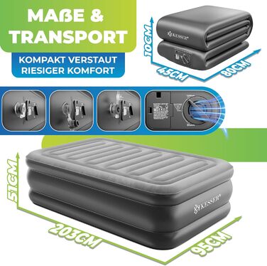 Надувний матрац KESSER, самонадувальне гостьове ліжко з вбудованим електричним насосом, повітряний матрац для кемпінгу або домашнього використання, з сумкою, підходить для 1 особи - 203 x 95 x 51 см, одномісний, сірий/антрацитовий