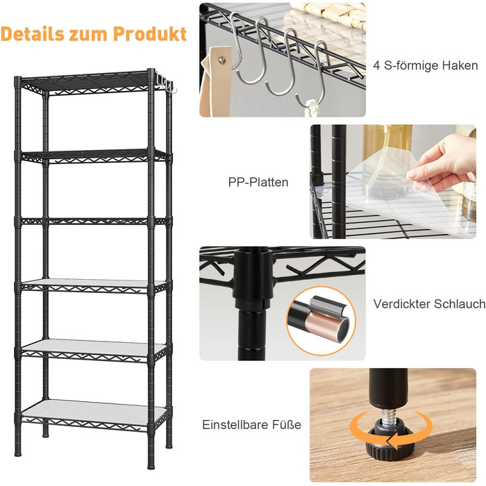 Полиця для зберігання, металева полиця - з 6 полицями, окремостояча кухонна полиця з регульованими по висоті полицями та ніжками (35,5 Г x 60 Ш x 180 В см)