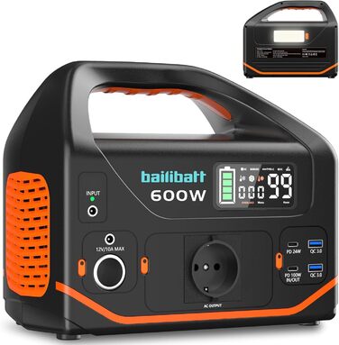 Портативна електростанція, електростанція потужністю 600 Вт 293 Втгод (пікова потужність 1200 Вт), тихий генератор PD 100 Вт для кемпінгу, подорожей, резервного виживання, CPAP, використання на свіжому повітрі, надзвичайних ситуацій, вихід змінного струму