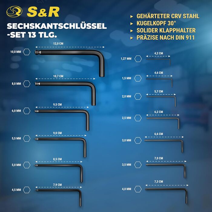 Набір шестигранних ключів S&R HX 13 предметів, L-подібний ключ із кульковою головкою, метрика від 1,27 до 10 мм, загартована сталь Cr-V, стійка до іржі, коротка, тримач шестигранного ключа, компактний велосипедний набір інструментів