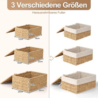 Набір кошиків для зберігання з 3 шт. , кошики для зберігання з кришками, плетені з паперової мотузки, кошики в стилі бохо з підкладкою, багатофункціональна коробка для зберігання іграшок, туалетного приладдя, туалетного паперу, хакі