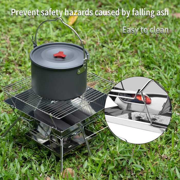 Портативний гриль на деревному вугіллі Tentock, гриль для пікніка, кемпінговий складаний гриль, нержавіюча сталь, відкритий плоский гриль для барбекю, вітрозахисний кемпінговий гриль з сумкою для перенесення для саду, походів, пікніка, риболовлі, срібляст