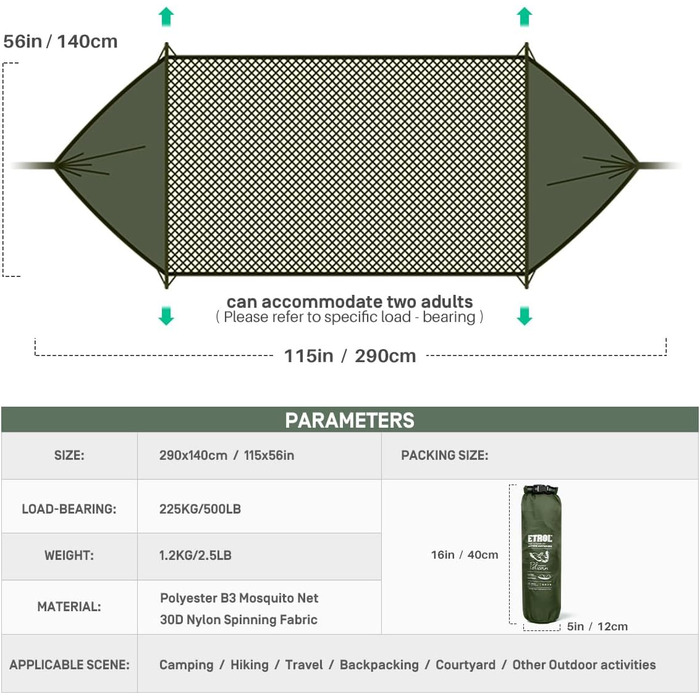 Гамак ETROL Outdoor, 2-місний гамак з москітною сіткою Ultralight - вантажопідйомність 500 фунтів 290 x 140 см, 3 в 1 функція парашутні кемпінгові гамаки Намет для трекінгу, подорожей, пляжу, саду Оливково-зелений