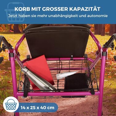 Європейський бренд, Rollator складний і легкий, Гальма тиску, Алюмінієві ходунки, З м'яким сидінням і спинкою, З кошиком для покупок, 4 колеса, Рожевий