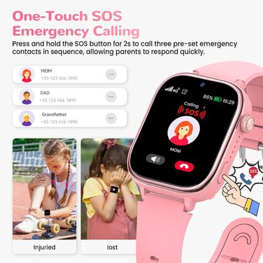 Дитячий смарт-годинник з GPS та телефоном, 4G дитячий годинник з HD-дзвінками, голосовим чатом, екстреним викликом SOS, шкільним режимом, крокоміром, будильником, головоломками, подарунки для дівчаток та хлопчиків 4-15 років, рожевий 4G рожевий