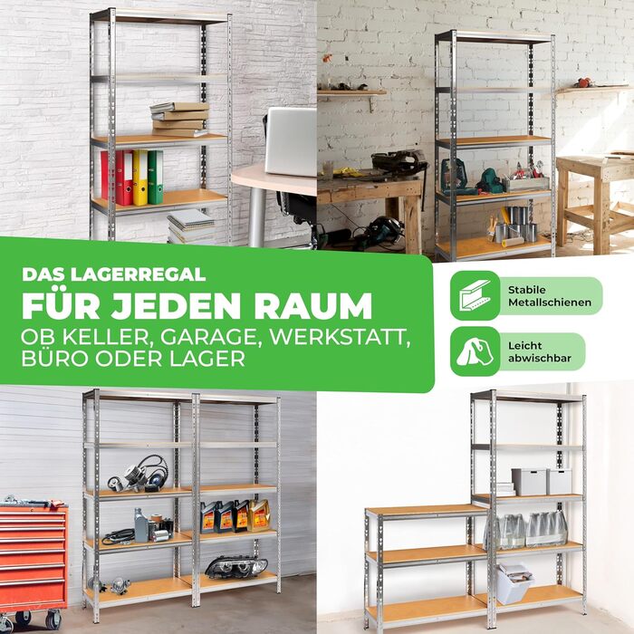 Комплект із 2 металевих стелажів Thomas, стелажі для зберігання 90x40x180 (В) см, підвальні стелажі, вантажопідйомність до 875 кг, сріблястий колір, з 5 полицями, вантажопідйомність кожна 175 кг, регульована висота, надміцні стелажі (легкий монтаж) 1 Easy