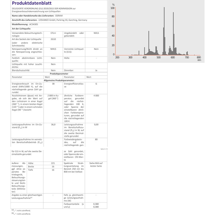 Енергозберігаюча лампа Osram EEK G (A - G) 2G10 221 мм 230 В 36 Вт нейтрально біла трубчаста форма