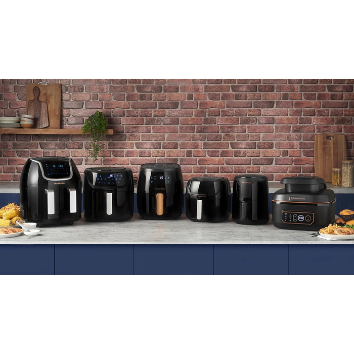 Двокамерна фритюрниця Russell Hobbs 2 відділення кожне 4,25 л, можна використовувати лише окремо, загальний об'єм 8,5 л Технологія швидкої фритюрниці (8 програм, можна мити в посудомийній машині, сенсорний екран) Аерофритюрниця 27290-56S