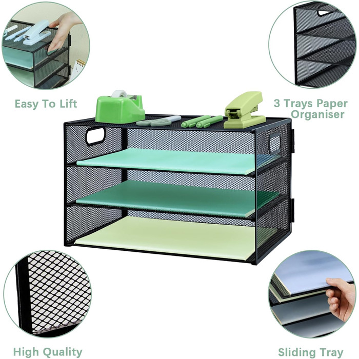 Лоток для листів з ручкою, 3-рівнева металева сітка, органайзер для столу, лотки для паперу A4, органайзери для столу, акуратний тримач для журналів для дому, офісу, чорний