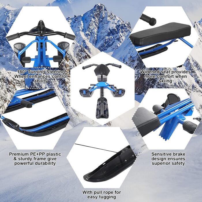 Санки Qdreclod Snowracer з 2-ножним гальмом і кермом Санки дитячі Санки з кермом для дітей Дорослі Лижні санки Санки переносні Сан