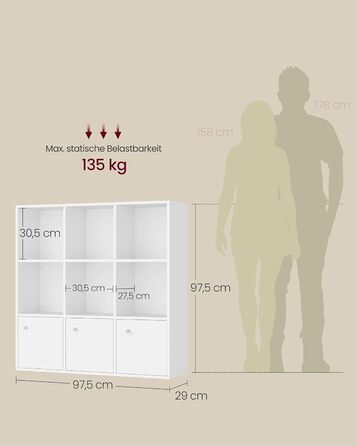 Книжкова полиця VASAGLE, 3-рівнева полиця, Відкрита полиця для зберігання, Окремостояча полиця, 29 x 97,5 x 97,5 см, 3 відділення з дверцятами, для вітальні, домашнього офісу, їдальні, Хмарно-білий LBC33WT