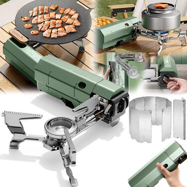 Складаний газовий пальник для кемпінгу, портативна плита з п'єзопідпалом та алюмінієвим вітрозахистом для туризму, походів та пікніків (без газових балонів)