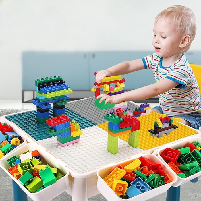 Дитячий стіл 6-в-1 з 2 стільцями, дитячий ігровий стіл зі 163 будівельними блоками, двостороння стільниця, багатофункціональний робочий стіл, пісочниця, стіл для рукоділля типу B - зі 163 будівельними блоками