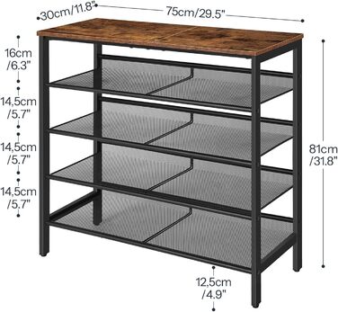 Взуттєва полиця HOOBRO, 5-ярусне зберігання взуття, взуттєва шафа, регульована металева сітчаста полиця, містка верхня частина, на 16-20 пар, вхід, коридор, індустріальний колір, вінтажний коричнево-чорний EBF12XJ01 темно-коричневий чорний 75 x 30 x 81 см