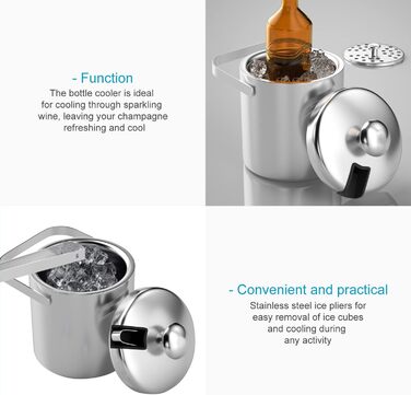 Набір для льоду Intirilife з 4-х предметів 1 л з нержавіючої сталі з щипцями та кришкою -14,2 x 19,5 см - Ізольований, двостінний