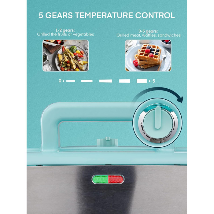 Бутербродниця 3 в 1, вафельниця/контактний гриль/бутербродниця 1200 Вт, 5-швидкісний контроль температури, набори пластин Coater з антиприлипним покриттям, термоізольована ручка, можна мити в посудомийній машині, світлодіодні лампи, синій
